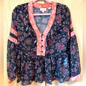 Anthropologie Laia Top Womens Medium Black Floral Contrast Boho Fairy Goth Shirt